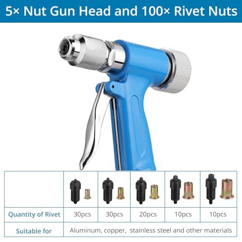 AUTOUTLET Heavy Duty Pneumatic Rivet Nut Gun with 100PCS Rivet Nuts, Thread Setter Kit with 5pcs Metric Mandrels for Body Panels, Bicycle Attachments, Furniture and Decorations - Image 3