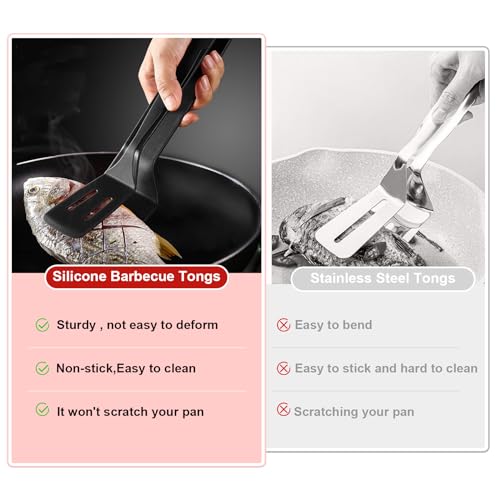 KIBBEH Silicone Kitchen Cooking Tongs, Premium Stainless Steel Silicone Barbecue Clamp, Multipurpose BBQ Clamp Spatula for Gripper Bread Clip, Fried Steak Clamp, Flipping Fish, Toast Salad Tongs（11 Inch） - Image 5