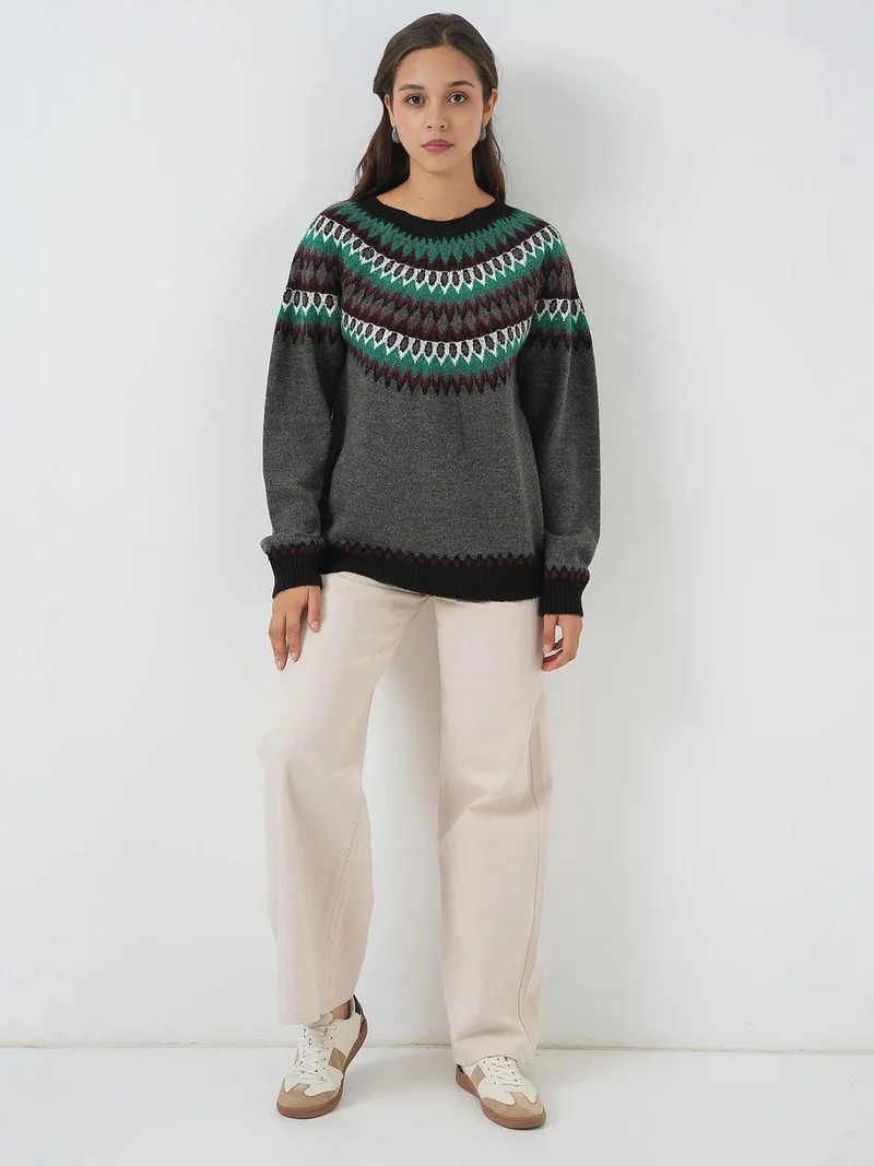 BIG DART BDART Patterned Long Sleeve Crew Neck Sweater