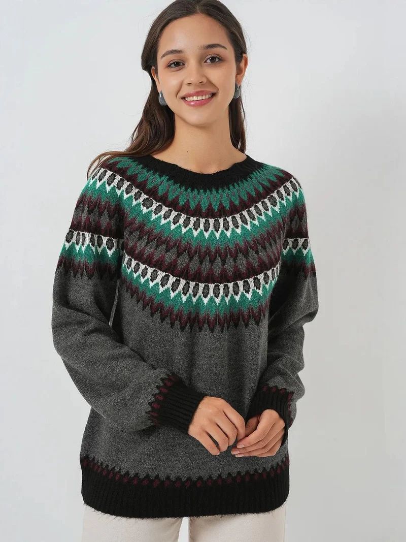 BIG DART BDART Patterned Long Sleeve Crew Neck Sweater