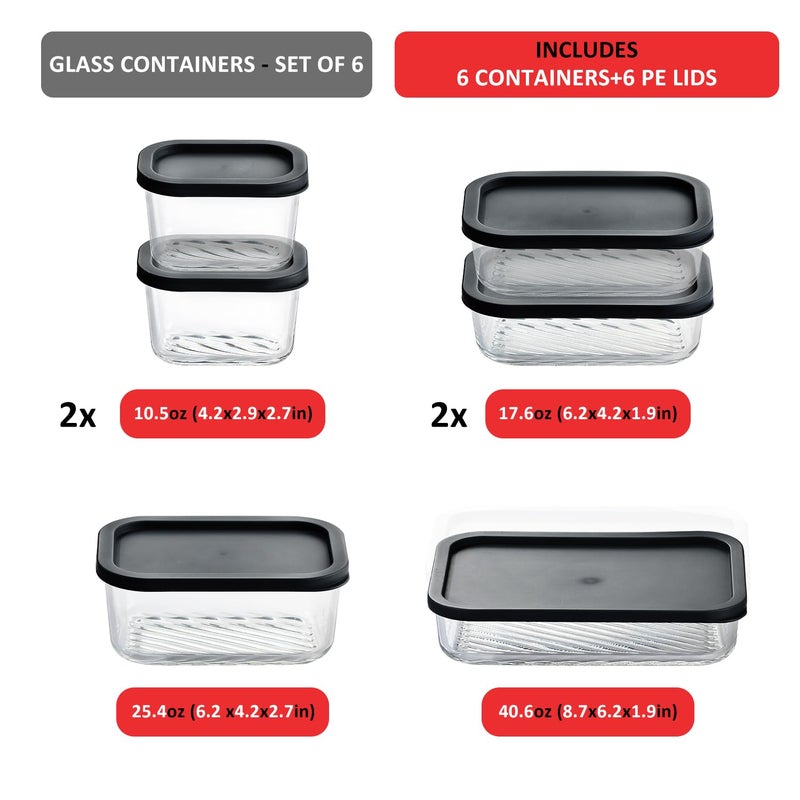 EATEX 6 Pack Glass Meal Prep Containers with Grooved Base, 6 Stackable BPA Free Glass Storage Containers with Lids for Lunch, Pantry, and Kitchen - Microwave, Dishwasher Freezer & Oven Safe - Black - Image 2