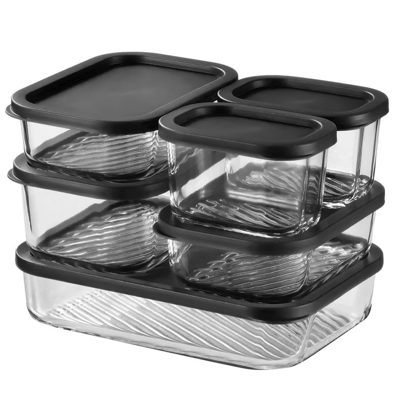 EATEX 6 Pack Glass Meal Prep Containers with Grooved Base, 6 Stackable BPA Free Glass Storage Containers with Lids for Lunch, Pantry, and Kitchen - Microwave, Dishwasher Freezer & Oven Safe - Black - Image 1