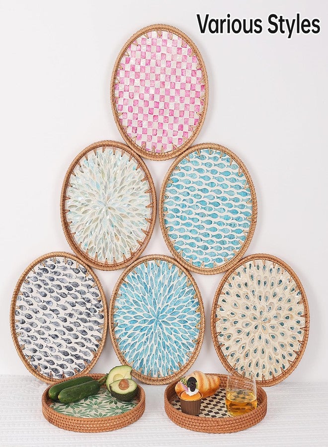 Tynulox Round Rattan Tray with Mother of Pearl Inlay, Rattan Serving Tray for Coffee, Bread, Fruits, Decorative Wicker Tray for Table Decor, Home Decor, Kitchen Island Decor(Pink Checkerboard, 11.8") - Image 3