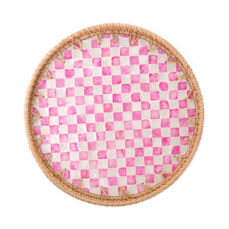 Tynulox Round Rattan Tray with Mother of Pearl Inlay, Rattan Serving Tray for Coffee, Bread, Fruits, Decorative Wicker Tray for Table Decor, Home Decor, Kitchen Island Decor(Pink Checkerboard, 11.8") - Image 1