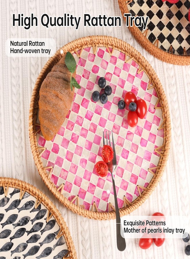 Tynulox Round Rattan Tray with Mother of Pearl Inlay, Rattan Serving Tray for Coffee, Bread, Fruits, Decorative Wicker Tray for Table Decor, Home Decor, Kitchen Island Decor(Pink Checkerboard, 11.8") - Image 4