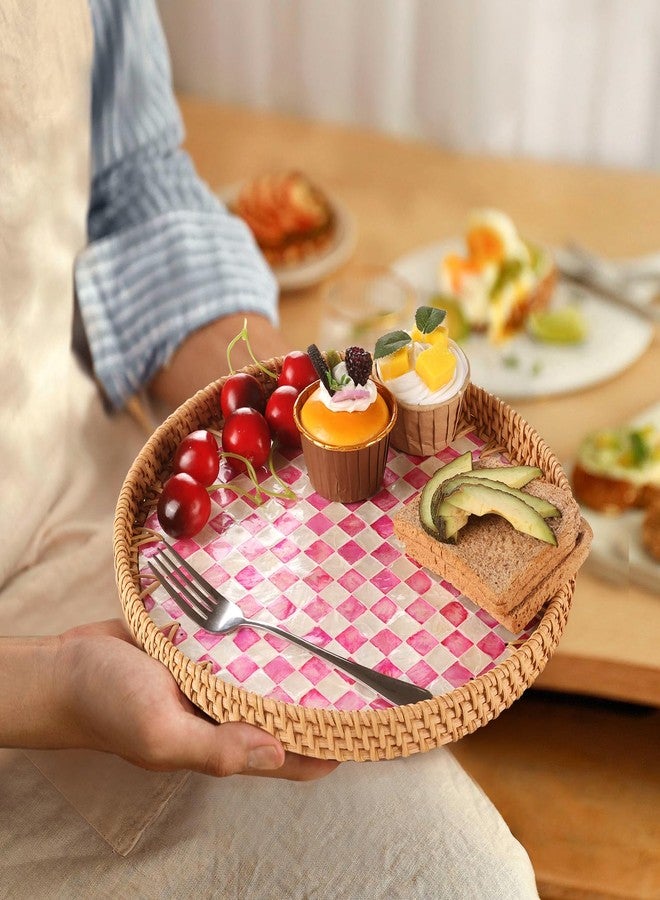 Tynulox Round Rattan Tray with Mother of Pearl Inlay, Rattan Serving Tray for Coffee, Bread, Fruits, Decorative Wicker Tray for Table Decor, Home Decor, Kitchen Island Decor(Pink Checkerboard, 11.8") - Image 5
