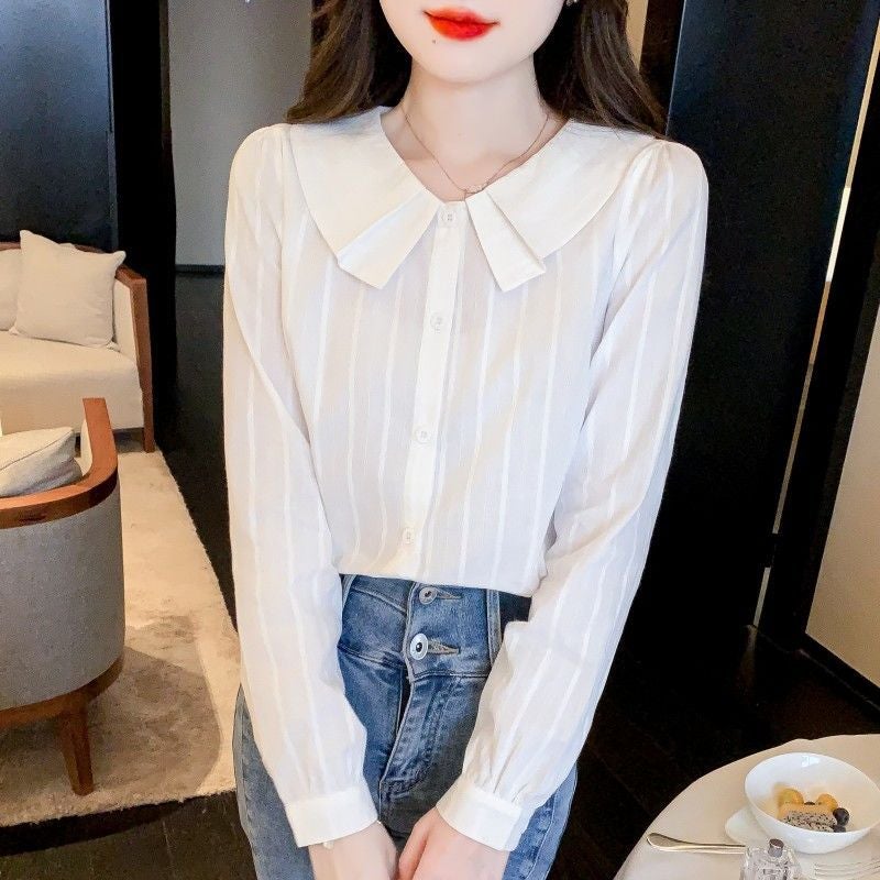 2026 Spring New Style Pure Cotton Shirt For Women, Stylish All-Cotton Design, Niche Shirt With Long Sleeves And Peter Pan Collar Top - Image 5