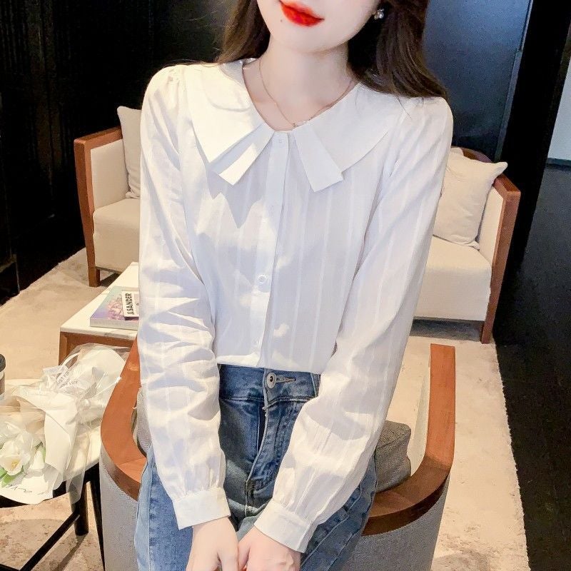 2026 Spring New Style Pure Cotton Shirt For Women, Stylish All-Cotton Design, Niche Shirt With Long Sleeves And Peter Pan Collar Top - Image 3