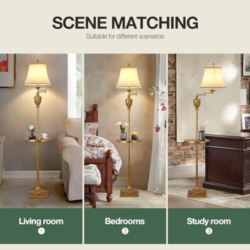 AIDENOEY Traditional LED Floor Lamp with 350° Adjustable Swing Arm Lamp – Vintage Standing Pole lamp for Living Room, Bedroom and Office – Rustic Upright Floor Light for Home Décor with Silk Fabric Shade - Image 4