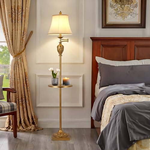 AIDENOEY Traditional LED Floor Lamp with 350° Adjustable Swing Arm Lamp – Vintage Standing Pole lamp for Living Room, Bedroom and Office – Rustic Upright Floor Light for Home Décor with Silk Fabric Shade - Image 2