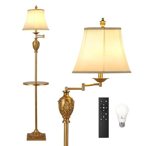 AIDENOEY Traditional LED Floor Lamp with 350° Adjustable Swing Arm Lamp – Vintage Standing Pole lamp for Living Room, Bedroom and Office – Rustic Upright Floor Light for Home Décor with Silk Fabric Shade - Image 1