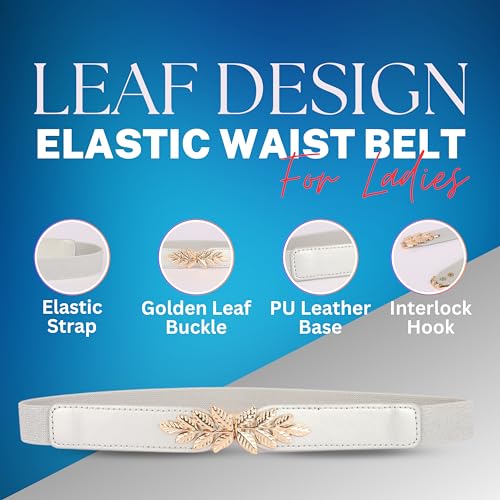 REDHORNS Elastic Fabric Waist Belt for Women Dresses Leaf Design Stretchy Slim Ladies Belt for Saree Girls Jeans - Free Size (LD22V_Silver) - Image 3