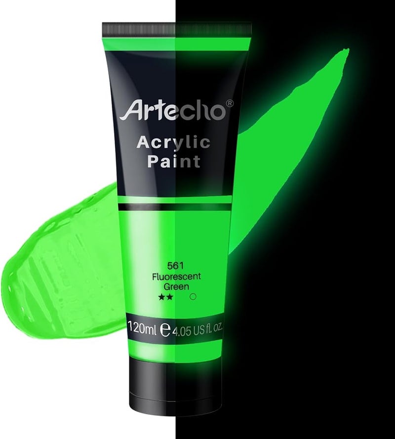 Artecho Glow in the Dark Paint, Neon Green Paint (120ml 4.05oz) Tubes, Art Craft Paints for Canvas, Rock, Stone, Wood, Fabric, Art Supplies - Image 1