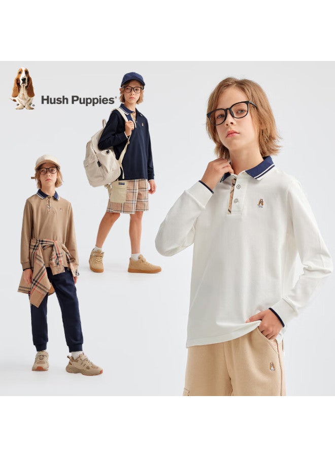 Hush Puppies Hush Puppies Boys' Long-sleeve Polo Shirt, Spring 2025 New Style Children's Undershirt, Casual Top, White, Size 140  - Image 3