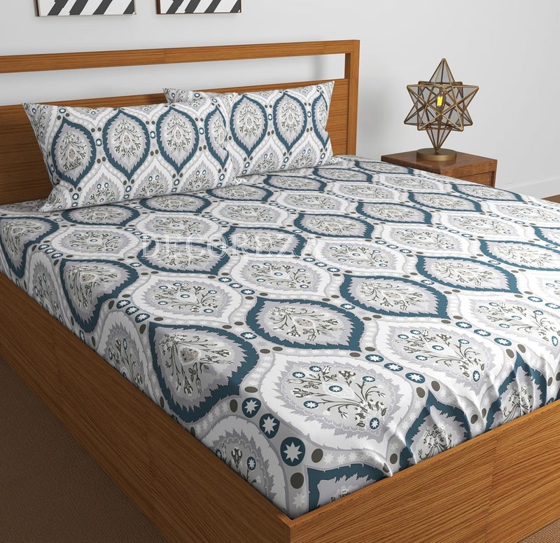 DECOREZA 350 TC Queen Size Elastic Fitted Bedsheet with Deep Pocket Cotton Feel Bed Sheet for Double Bed, Soft, Breathable & Wrinkle-Resistant, Includes 2 Pillow Covers, Size - 60"x78" White Arts - Image 1