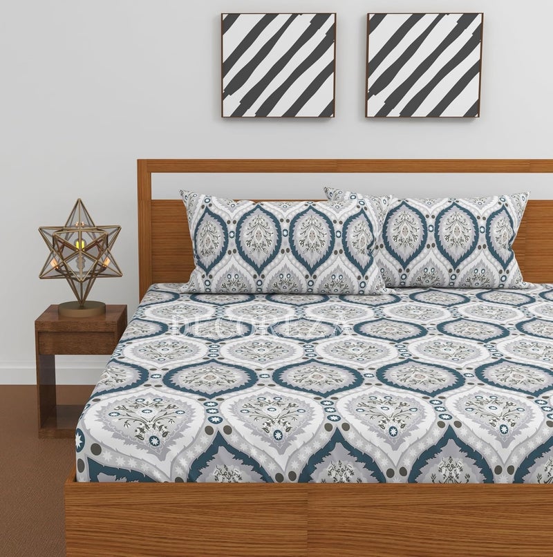 DECOREZA 350 TC Queen Size Elastic Fitted Bedsheet with Deep Pocket Cotton Feel Bed Sheet for Double Bed, Soft, Breathable & Wrinkle-Resistant, Includes 2 Pillow Covers, Size - 60"x78" White Arts - Image 2