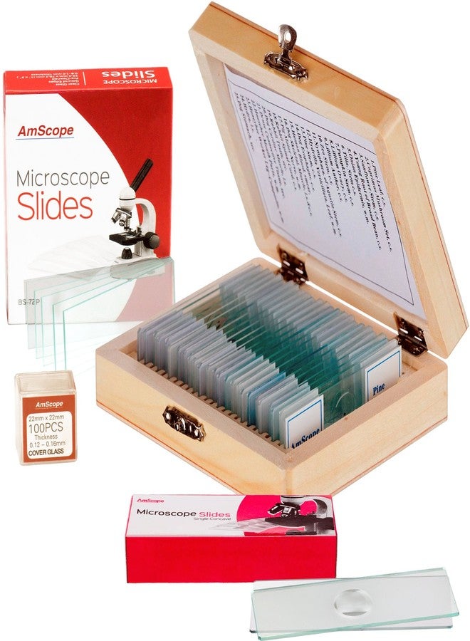 امسكوب AmScope PS25-BSC12-72P100S22 - 25 شريحة مجهر مُجهزة، و72 شريحة لوحة فارغة مُنظفة مسبقًا، و12 شريحة مقعرة ذات انخفاض واحد، و100 شريحة غطاء زجاجي - Image 1