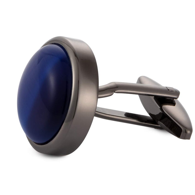 VIILOCK Round Cat Eye Cufflinks for Men Dark Blue Opal Cuff Links in Gun Black Business Shirt - Image 2
