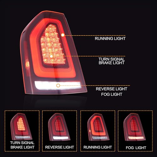 VLAND مجموعة مصابيح خلفية LED VLAND تناسب 2011-2014 كرايسلر 300، مصابيح خلفية مع رسوم متحركة ديناميكية عند التشغيل DRL، حمراء - Image 2