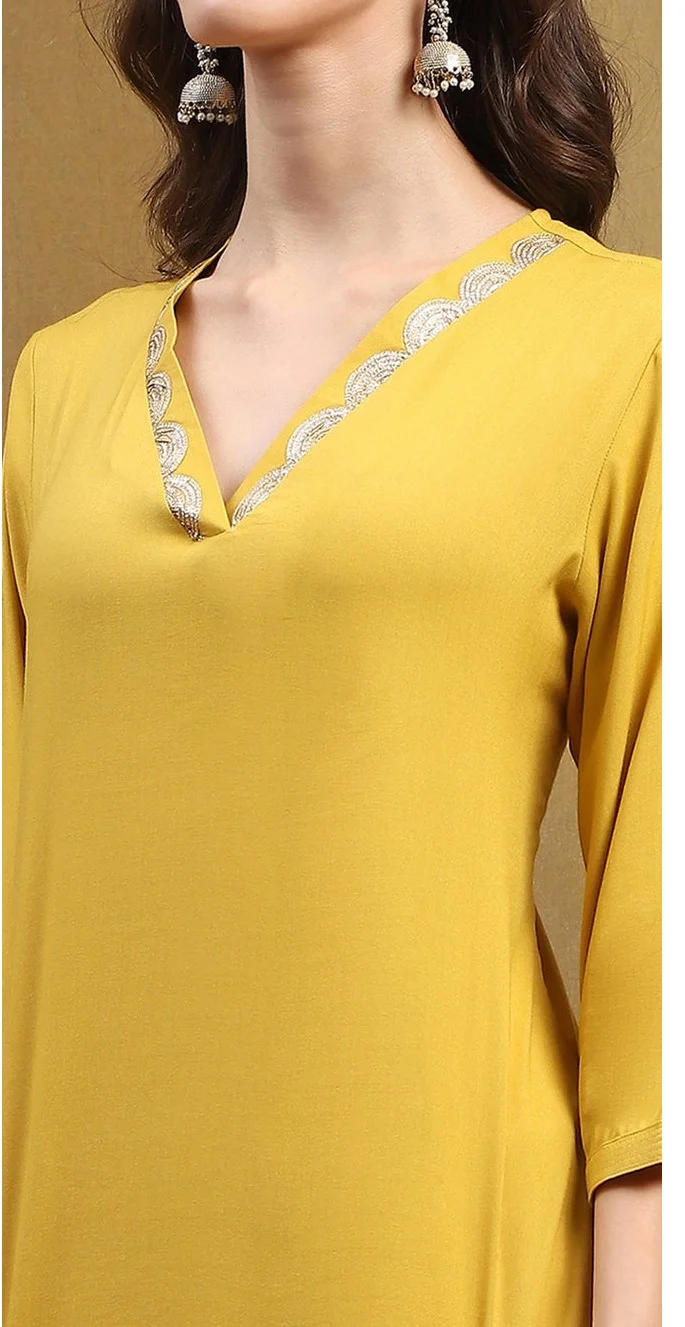 Biba Women Mustard Yellow Solid Straight Kurta