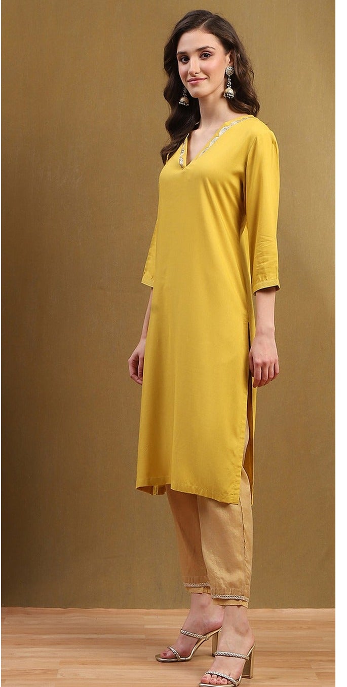 Biba Women Mustard Yellow Solid Straight Kurta - Image 3