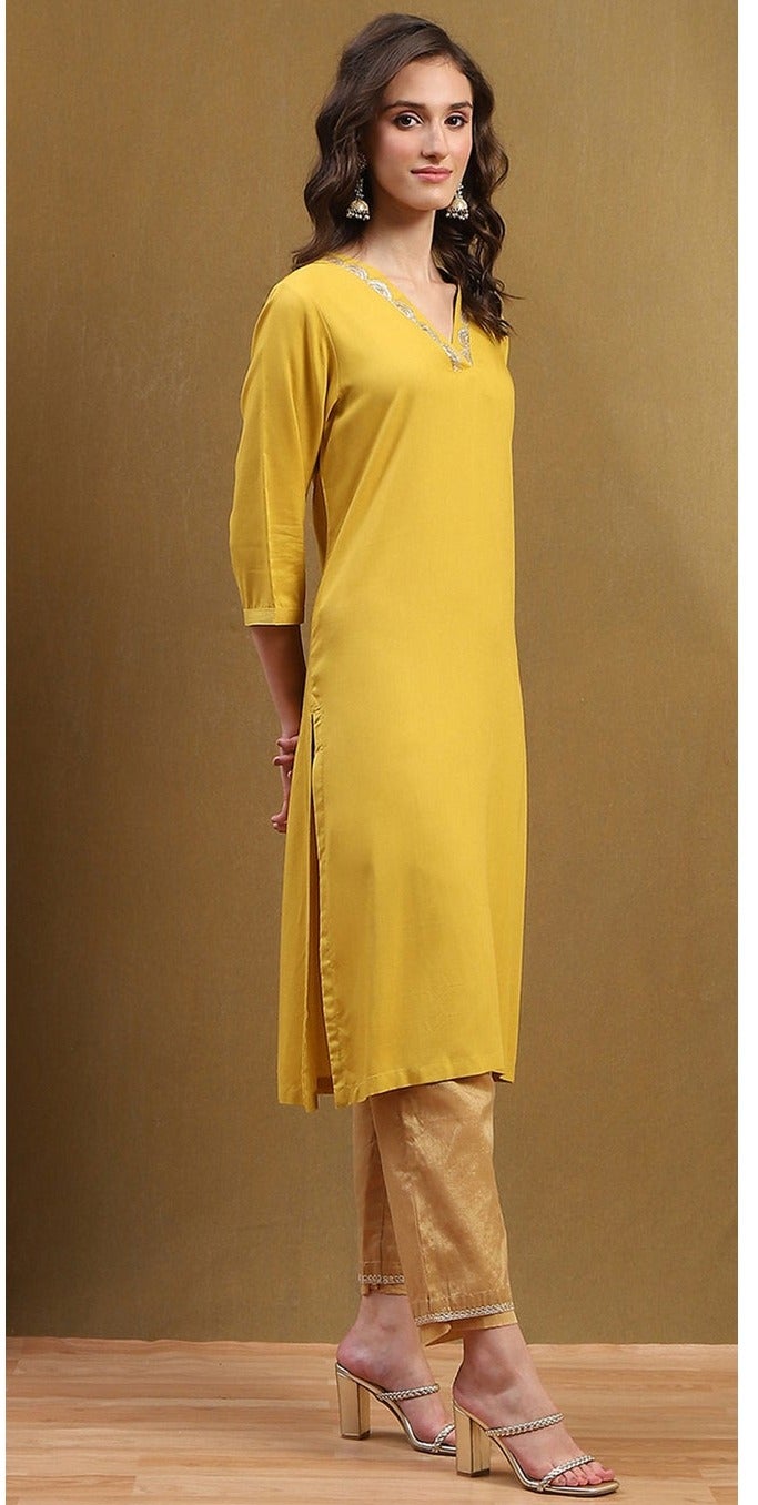 Biba Women Mustard Yellow Solid Straight Kurta - Image 5