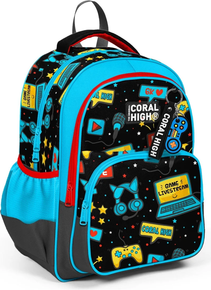 CORAL HIGH Kids Black Blue Gamer Patterned Three Compartment School Backpack 23659