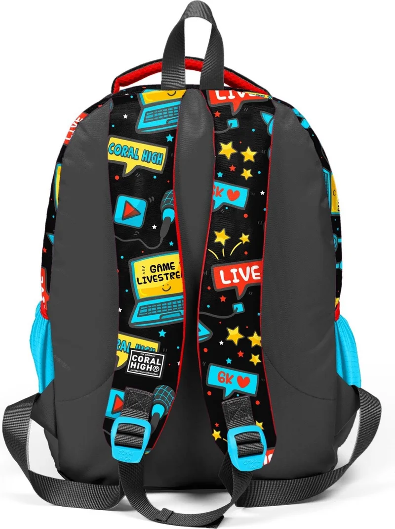 CORAL HIGH Kids Black Blue Gamer Patterned Three Compartment School Backpack 23659