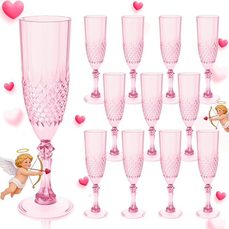 LEYIQU Plastic Champagne Flutes, Champagne Glasses Bulk, Reusable Unbreakable Acrylic Wine Glasses Goblets for Valentineâ€™s Day Weddings Bachelor Parties Toasting (12, Pink) - Image 1
