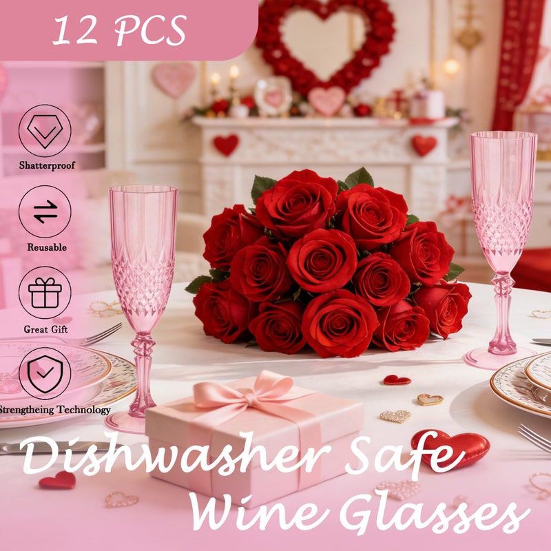 LEYIQU Plastic Champagne Flutes, Champagne Glasses Bulk, Reusable Unbreakable Acrylic Wine Glasses Goblets for Valentineâ€™s Day Weddings Bachelor Parties Toasting (12, Pink) - Image 4