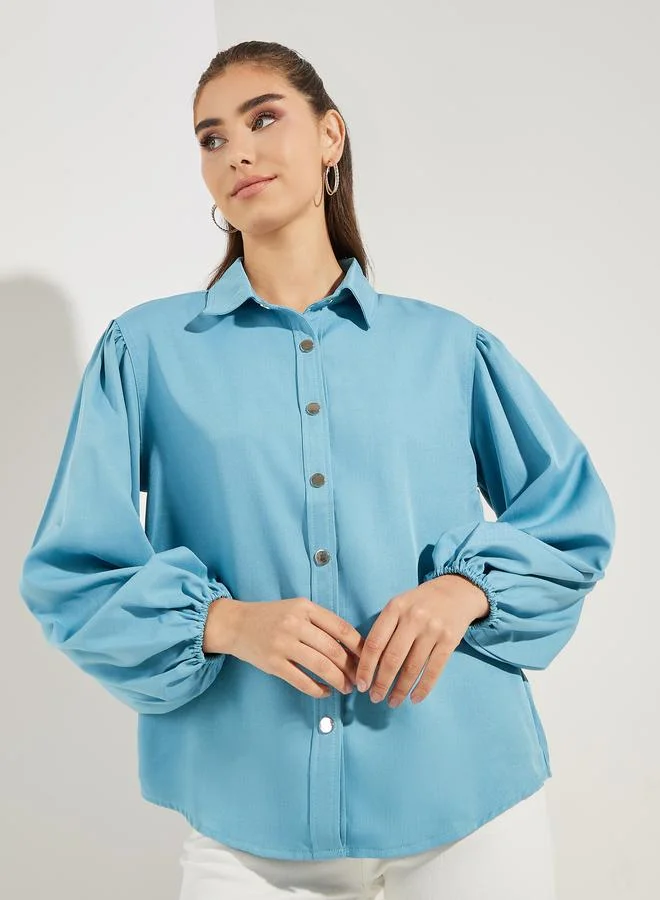 Styli Chambray Balloon Sleeves Shirt with Metal Buttons