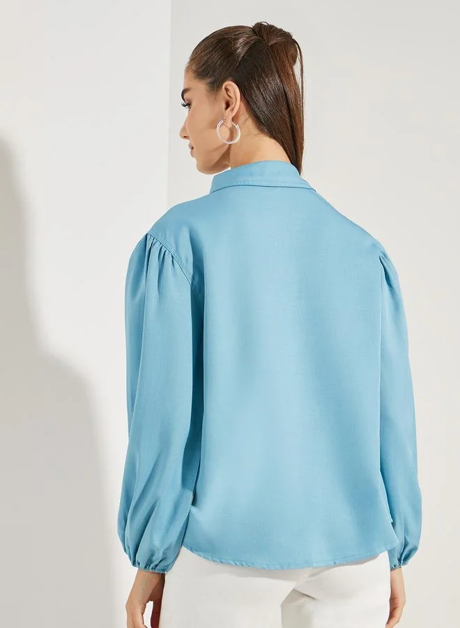 Styli Chambray Balloon Sleeves Shirt with Metal Buttons