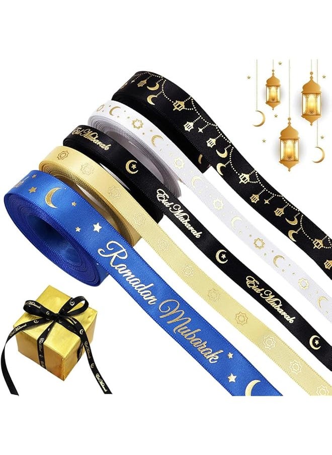 The Bros 5 Rolls Ramadan Ribbons,30 Yards Eid Mubarak Decor Ribbons Moon Star Words Lantern Grosgrain Ribbons for Eid Ramadan Decoration Islamic Muslim Party Favor Gift Wrapping Crafts Supplies  - Image 1