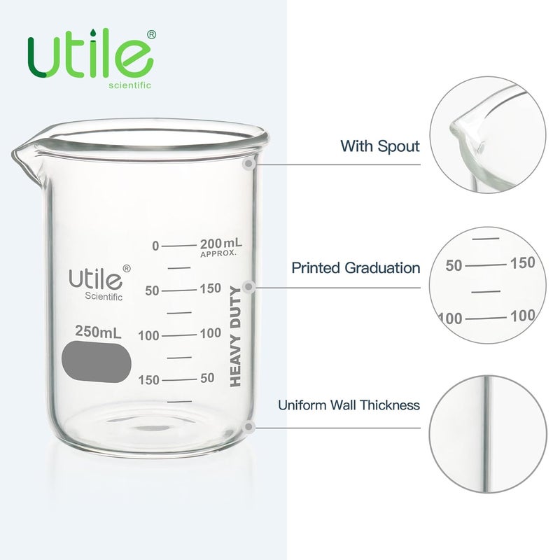 UTILE 6 Pcs 250ml Glass Beaker Set, Chemical Glass Beakers, Low Form Borosilicate 3.3 Glass Lab Beaker with Printed Graduation, 4000.0250.6 - Image 3