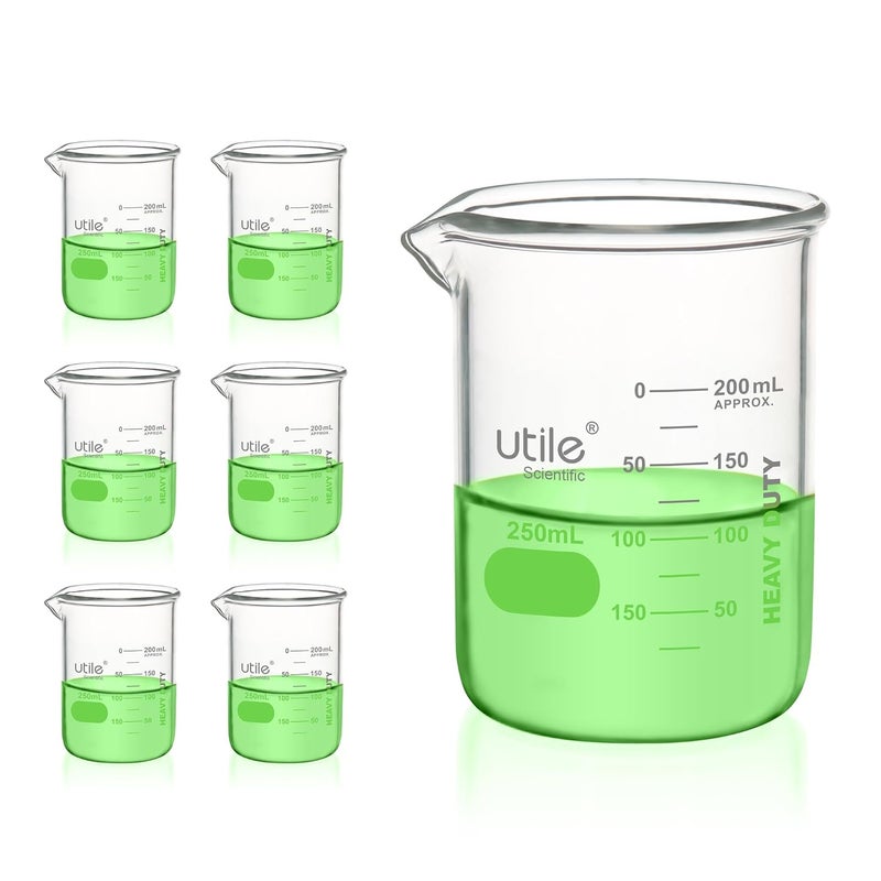 UTILE 6 Pcs 250ml Glass Beaker Set, Chemical Glass Beakers, Low Form Borosilicate 3.3 Glass Lab Beaker with Printed Graduation, 4000.0250.6 - Image 1