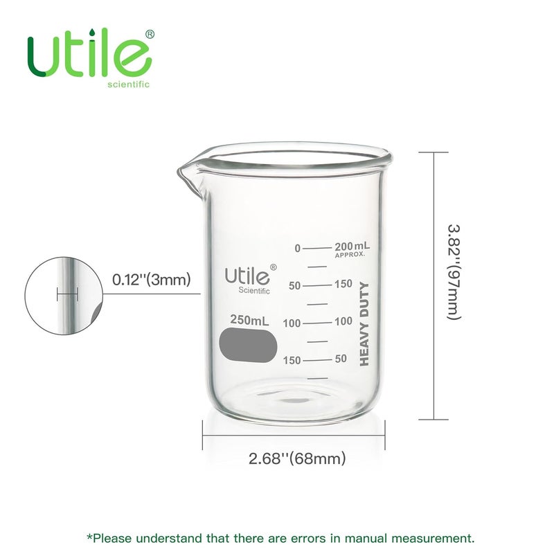 UTILE 6 Pcs 250ml Glass Beaker Set, Chemical Glass Beakers, Low Form Borosilicate 3.3 Glass Lab Beaker with Printed Graduation, 4000.0250.6 - Image 2