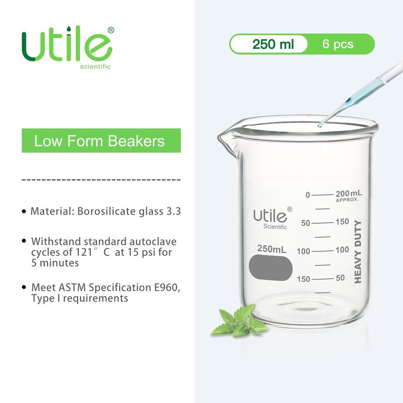 UTILE 6 Pcs 250ml Glass Beaker Set, Chemical Glass Beakers, Low Form Borosilicate 3.3 Glass Lab Beaker with Printed Graduation, 4000.0250.6 - Image 4