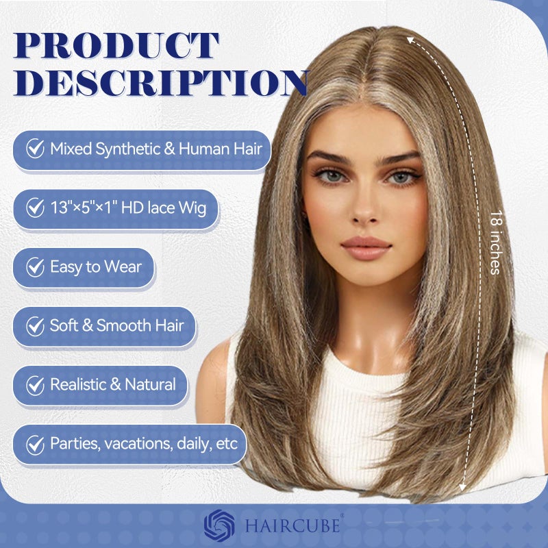 Haircube باروكة شعر بشري HAIRCUBE باروكة أمامية من الدانتيل باروكات بدون لاصق شعر بطبقات بطول الكتف للنساء، بني رمادي مع غرة بيضاء، مزيج من الشعر البشري، 13"×5"×1" دانتيل HD، 18 بوصة للاستخدام اليومي - Image 2