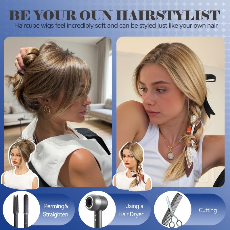 Haircube باروكة شعر بشري HAIRCUBE باروكة أمامية من الدانتيل باروكات بدون لاصق شعر بطبقات بطول الكتف للنساء، بني رمادي مع غرة بيضاء، مزيج من الشعر البشري، 13"×5"×1" دانتيل HD، 18 بوصة للاستخدام اليومي - Image 5