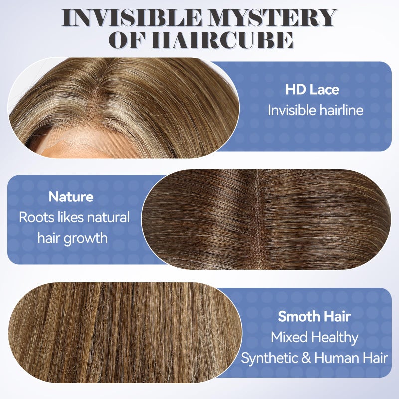 Haircube باروكة شعر بشري HAIRCUBE باروكة أمامية من الدانتيل باروكات بدون لاصق شعر بطبقات بطول الكتف للنساء، بني رمادي مع غرة بيضاء، مزيج من الشعر البشري، 13"×5"×1" دانتيل HD، 18 بوصة للاستخدام اليومي - Image 3