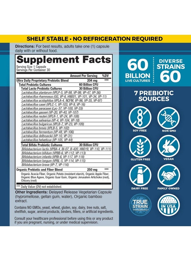 Vital Planet - Vital Flora Ultra Daily Probiotic 60 Billion CFU, 60 Diverse Strains, 7 Organic Prebiotics, Immune Support, Digestive Health Shelf Stable Probiotics for Women and Men 30 Capsules - Image 2