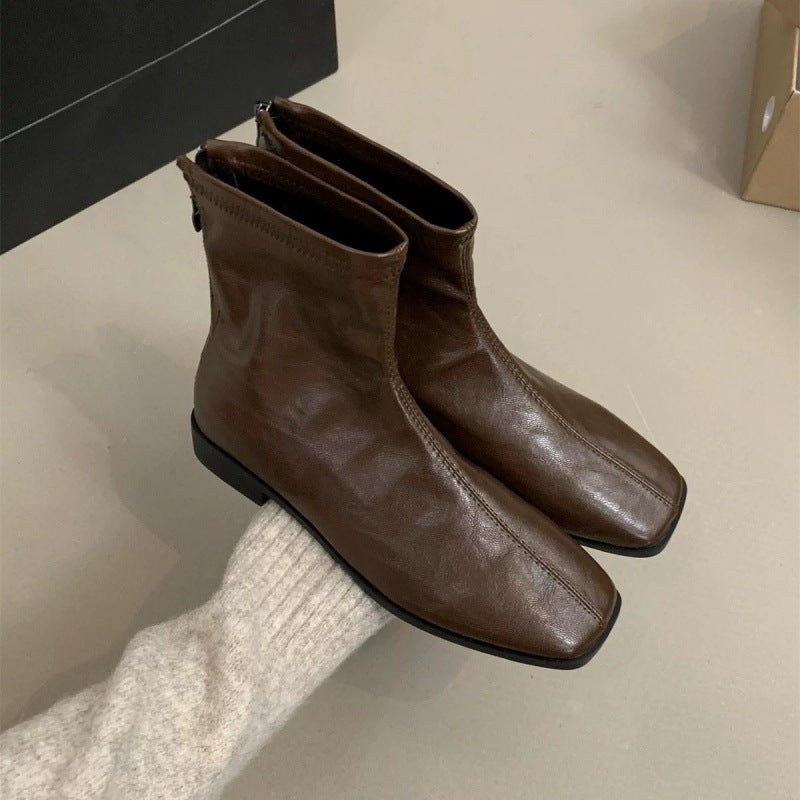 Niche Korean Style Thin Boots French Style Naked Boots Brown Waste Earth Style Short Boots Thick Heel Women'S Boots - Image 5