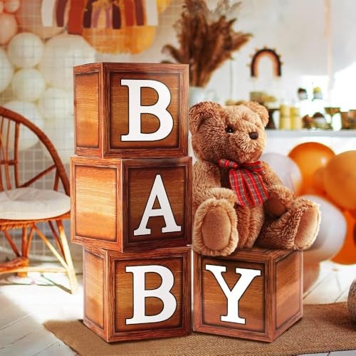 Pop The Party Brown “BABY” Decorative Display Boxes – Set of 4 Party Decoration Boxes for Baby Shower, Birthday & Event Décor - Image 1