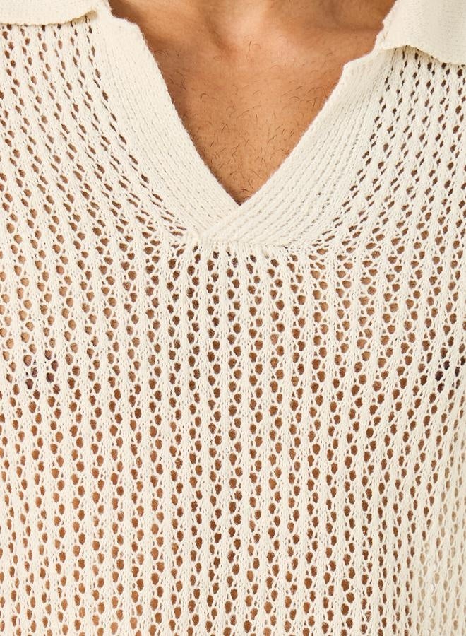 Styli Contrast Sleeve Stripes Crochet Knit Relaxed Polo  - Image 3