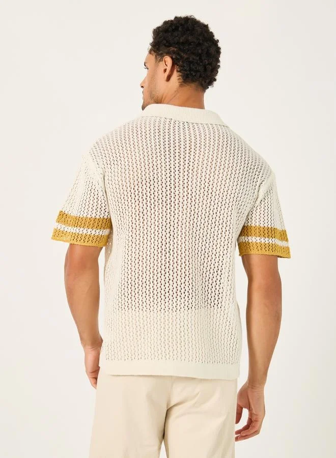 Styli Contrast Sleeve Stripes Crochet Knit Relaxed Polo