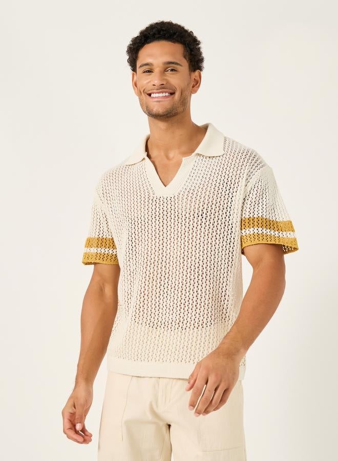 Styli Contrast Sleeve Stripes Crochet Knit Relaxed Polo  - Image 1