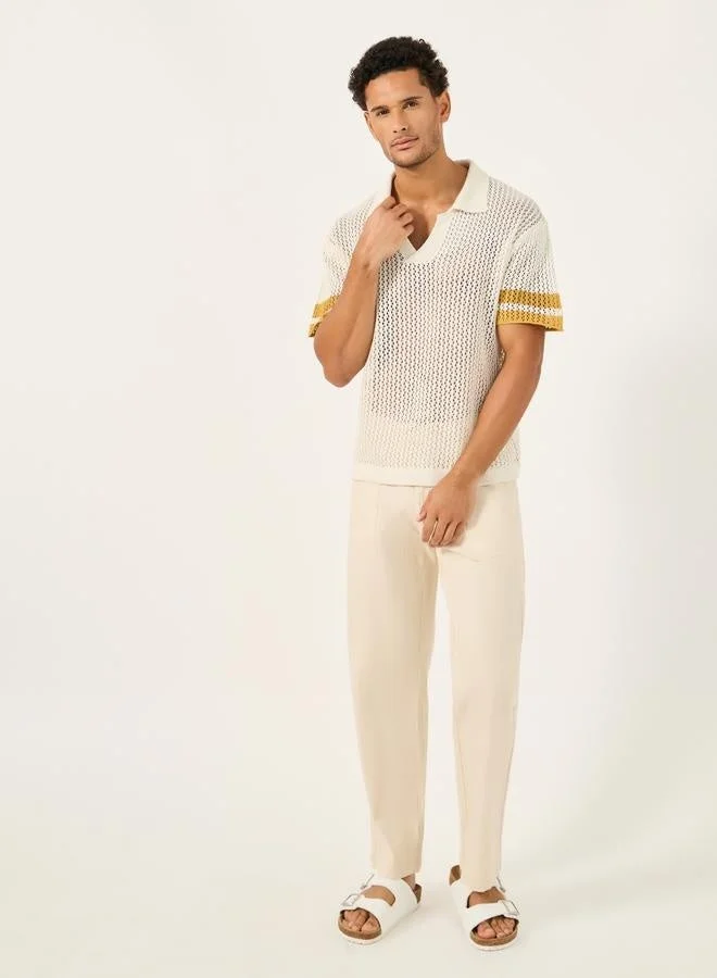 Styli Contrast Sleeve Stripes Crochet Knit Relaxed Polo