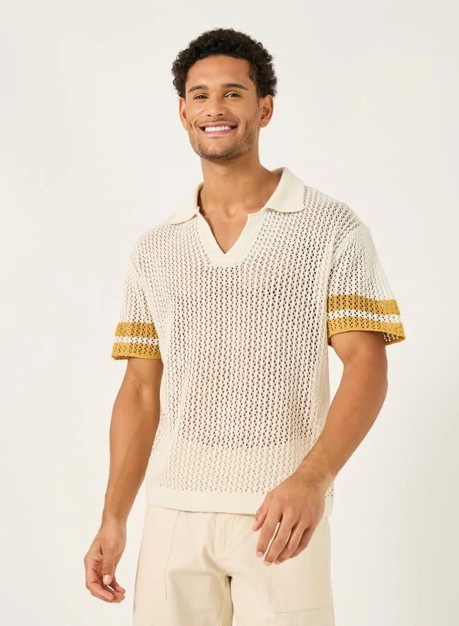 Styli Contrast Sleeve Stripes Crochet Knit Relaxed Polo