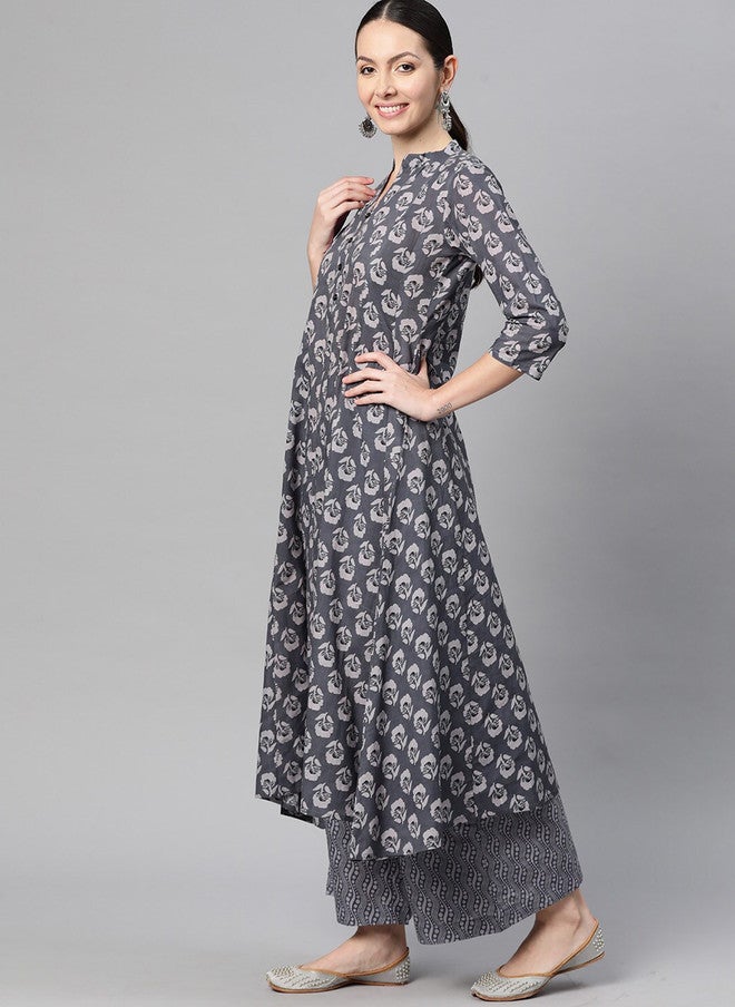 Indibelle Floral Printed Mandarin Collar Cotton Anarkali Kurta in Grey - Image 3