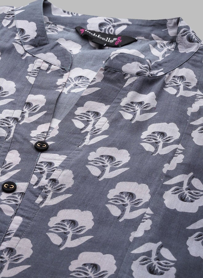 Indibelle Floral Printed Mandarin Collar Cotton Anarkali Kurta in Grey - Image 2